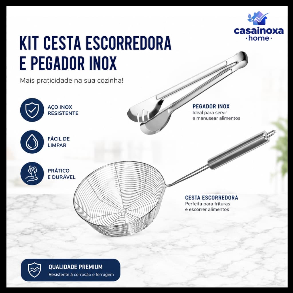 Escumadeira Cesto Aço Inox para Fritura e Massas com Pegador Inox Multiuso Cozinha
