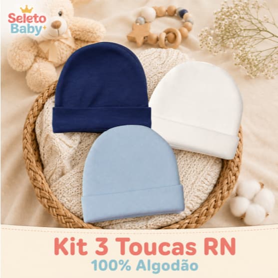 Kit 3 Gorrinhos Bebê RN 100% Algodão Touca Recém-Nascido Enxoval Menino