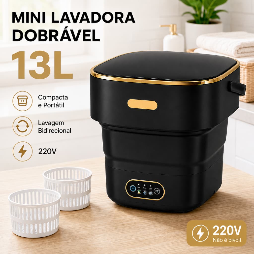 Mini Máquina de Lavar Roupas Portátil 13L Dobrável 220V para Roupas Íntimas Automática