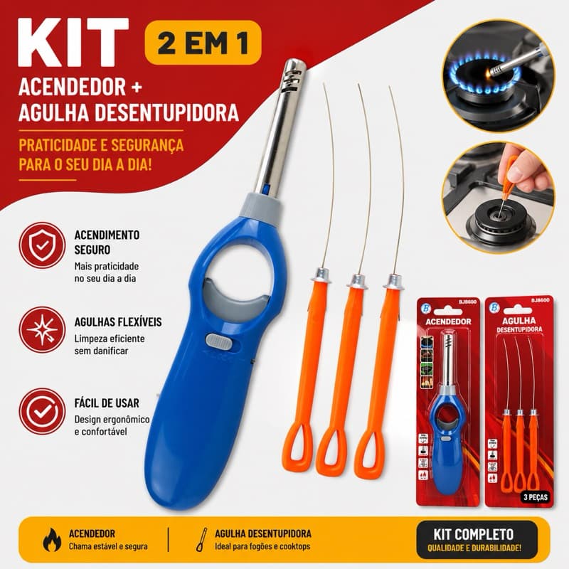 Kit Acendedor Doméstico Multiuso 18cm Metálico Para Cozinha Churrasqueira Cabo Ergonômico + Agulha