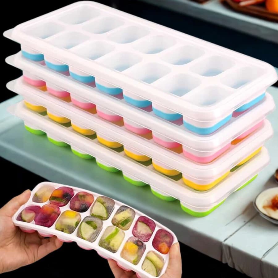 Kit 4 Formas de Gelo Silicone Com Tampa Rígida Flexível Fundo Retangular 14 Cubos Multiuso Lavável