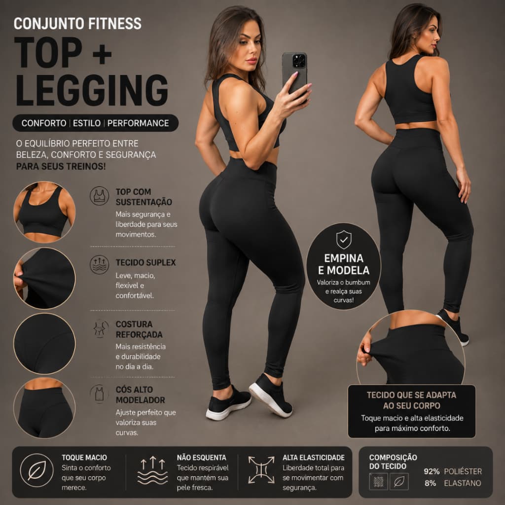 Conjunto Fitness Feminino Top + Calça Legging Alta Compressão Academia Yoga Treino Fitness