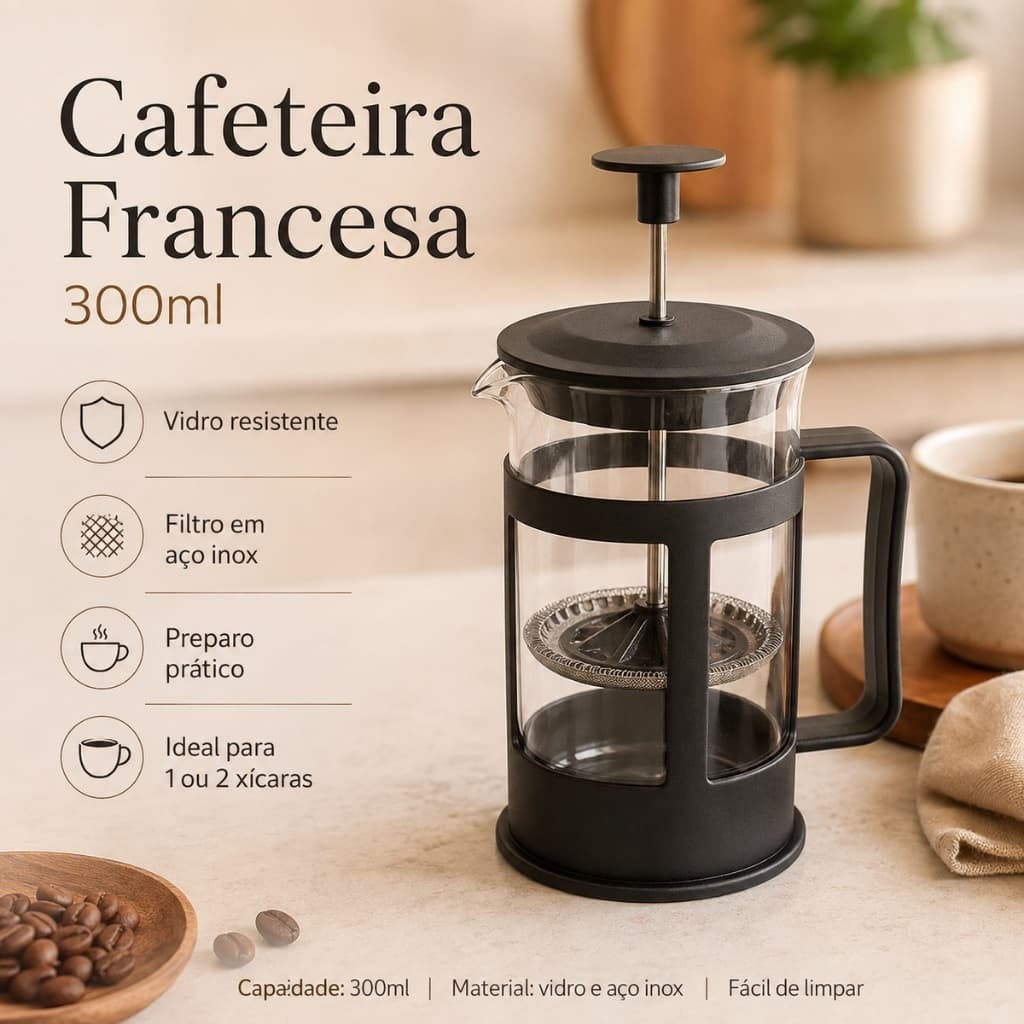 Cafeteira Francesa Italiana Portatil 300ml Resistente Vidro Borossilicato Pratico