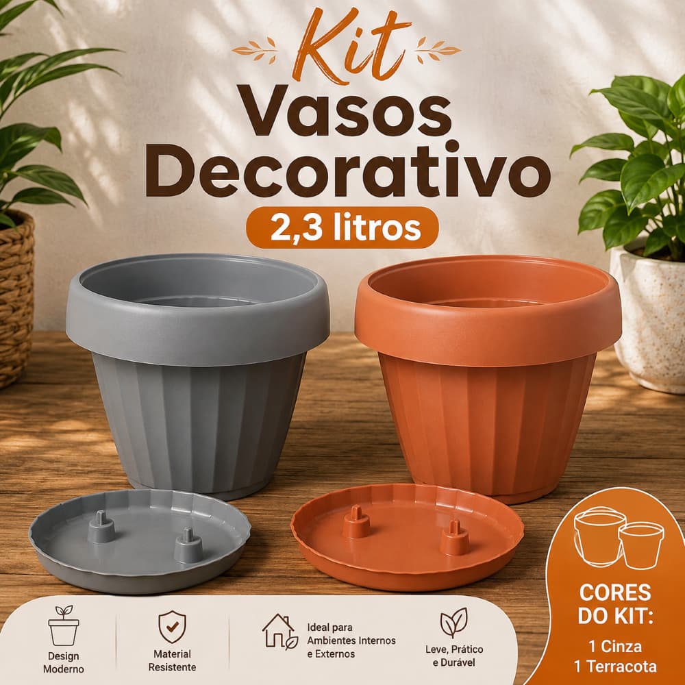 Kit 2 Vasos Decorativos Anti Dengue 2,3 Litros com Prato – 1 Cinza + 1 Terracota | Autoirrigável para Plantas