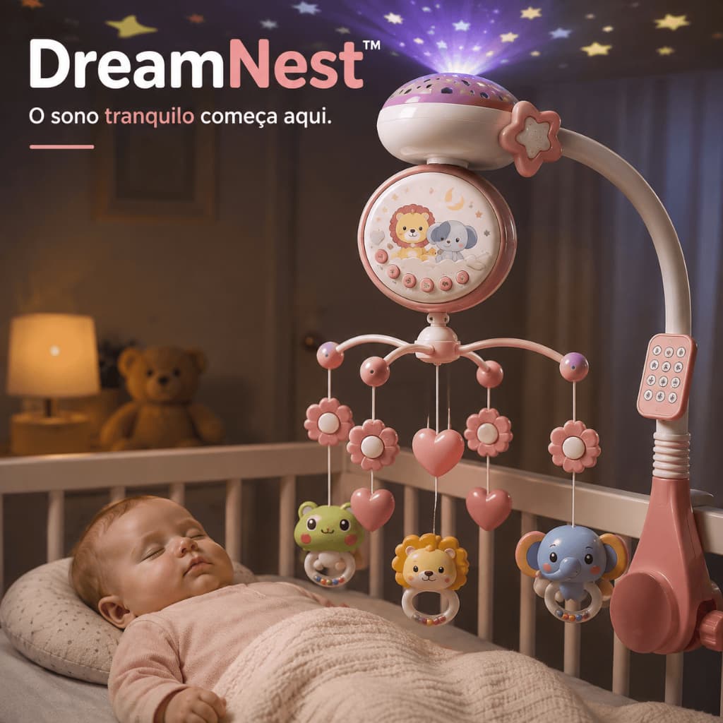 Móbile Musical para Berço com Projetor de Estrelas Rotação 360° Controle Remoto DreamNest™