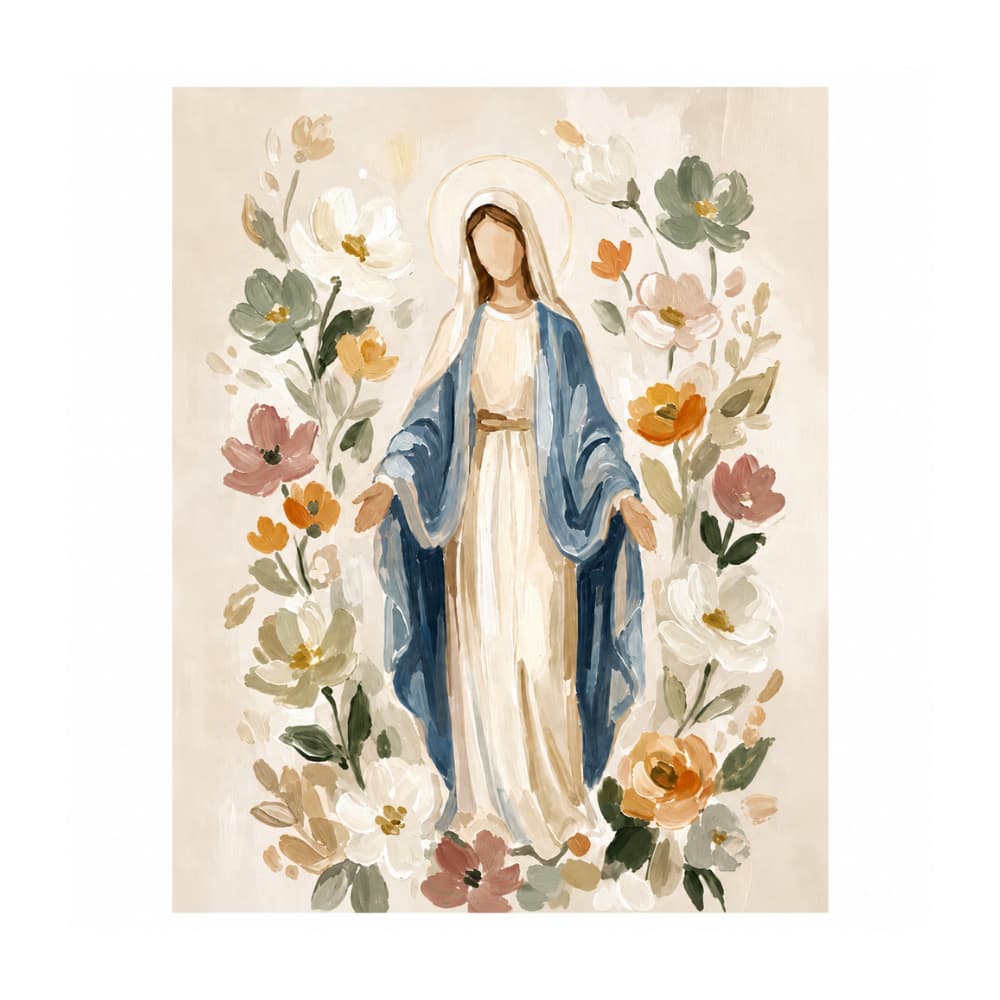 Quadro Decorativo Nossa Senhora Flores Arte Religiosa Estilo Aquarela Parede Decoração Sala