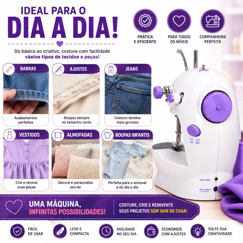 Mini Máquina de Costura Elétrica Portátil Bivolt SM-202A 2 Velocidades Retrocesso Luz LED