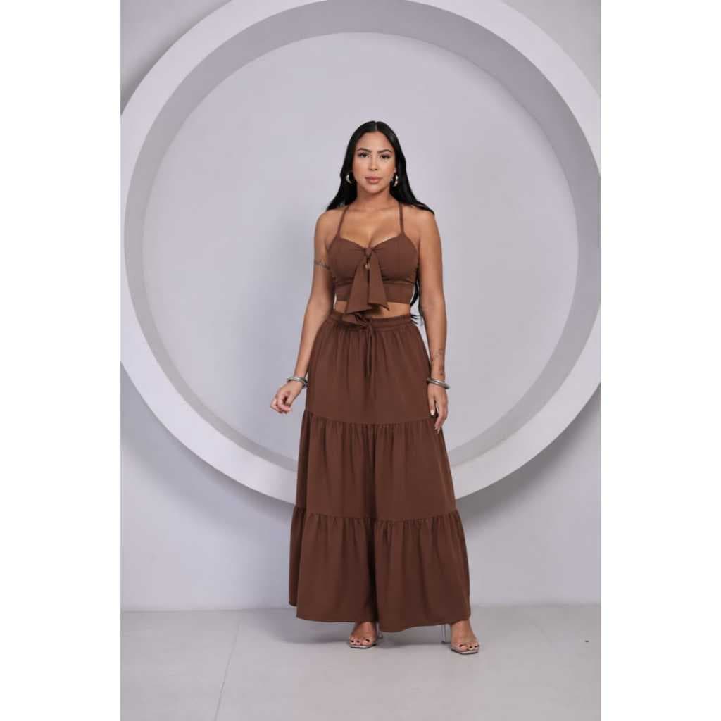 Conjunto Feminino Cropped com Amarração nas Costas e Saia Longa Maria