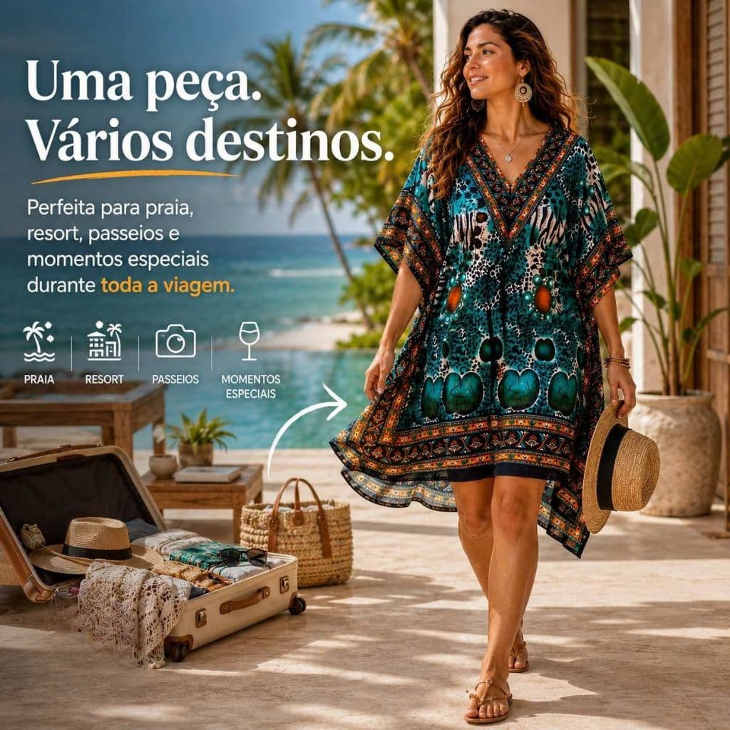 Kaftan Feminino Curto Estampado | Saída de Praia | Vestido Bata Indiana Tamanho: Único