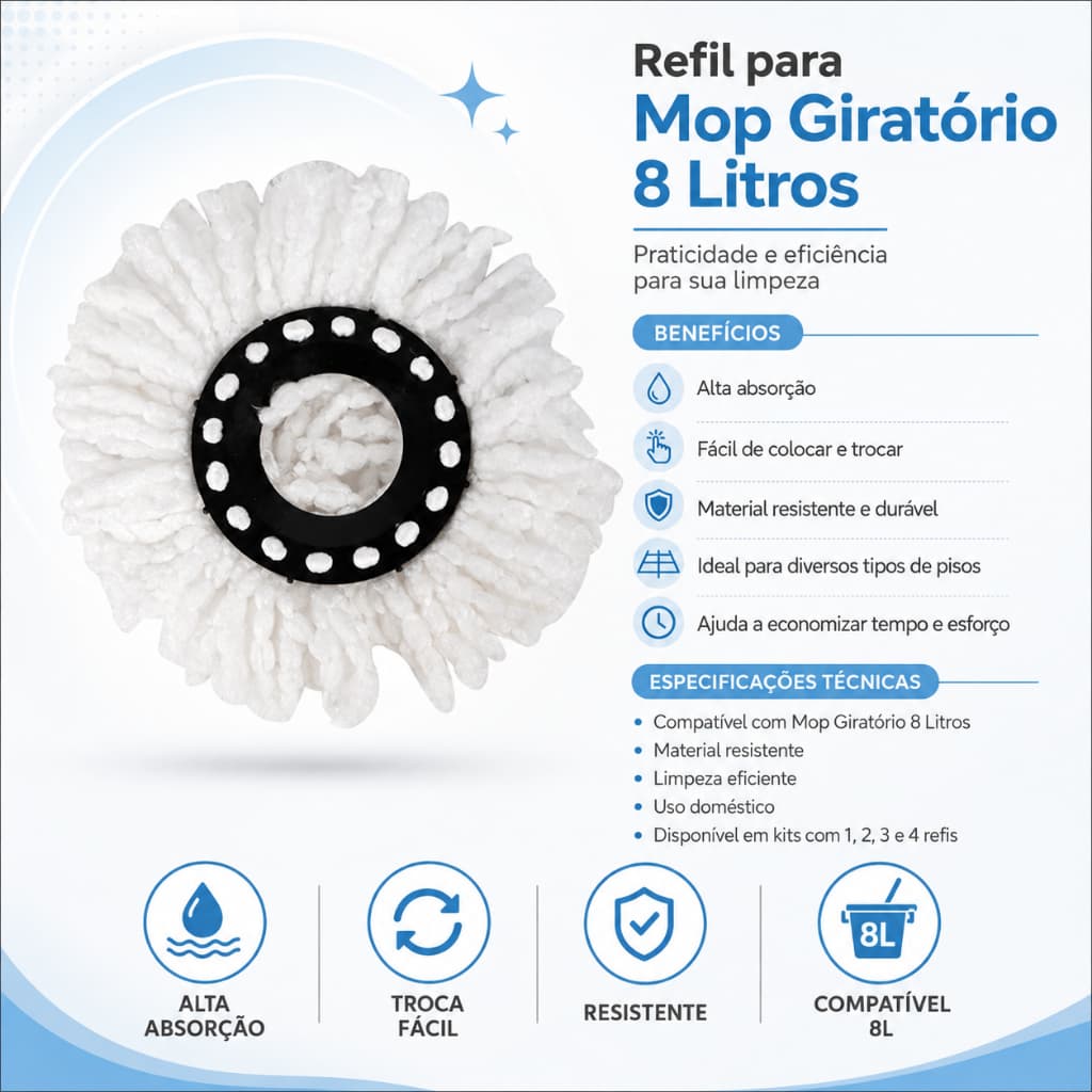 Kit 1/2/3/4 Refis Mop Giratorio Reservatorio 8 Litros Alta Absorcao Lavavel Facil Troca
