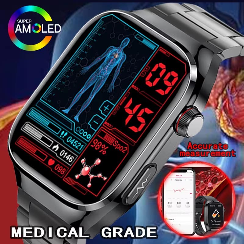 Relógio Inteligente AMOLED ECG Novo, Terapia Laser, Monitor Pressão Alta e Açúcar no Sangue, Homem Mulher Android IOS