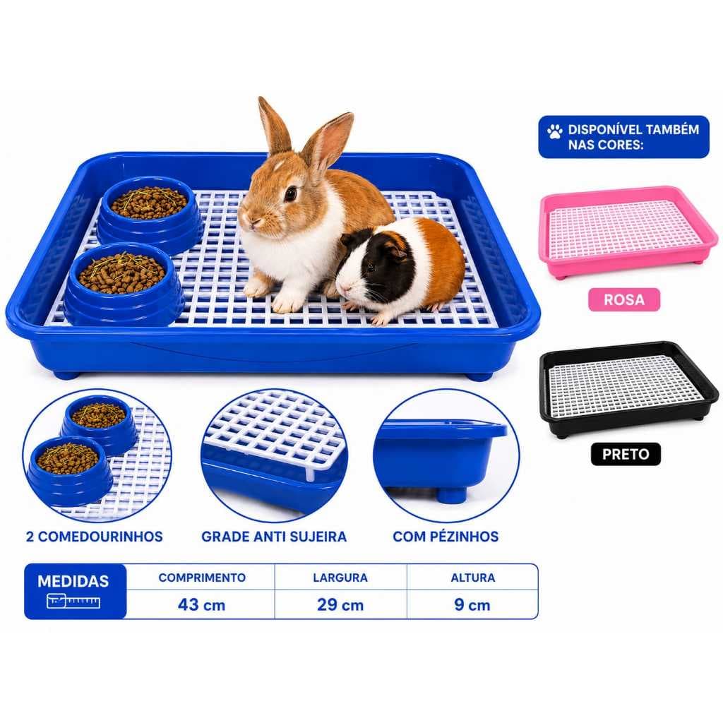 KIT BANHEIRO SANITÁRIO LUXO C/GRADE e PÉ bandeja HAMSTER ROEDORES Coelho Porquinho da Índia Chinchila 2 COMEDOUROS