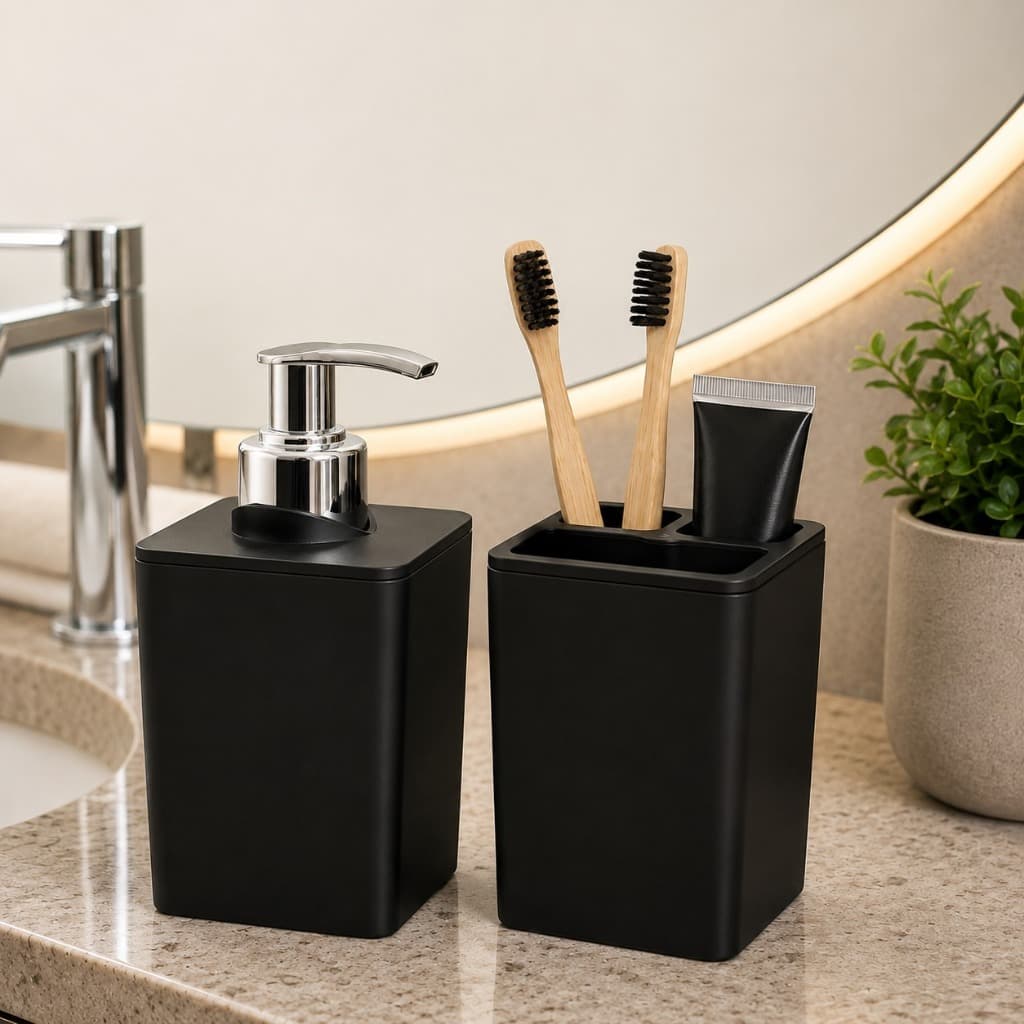 Kit Porta Escova de Dentes e Dispenser para Sabonete Líquido Preto Organizador de Banheiro Luxo Moderno