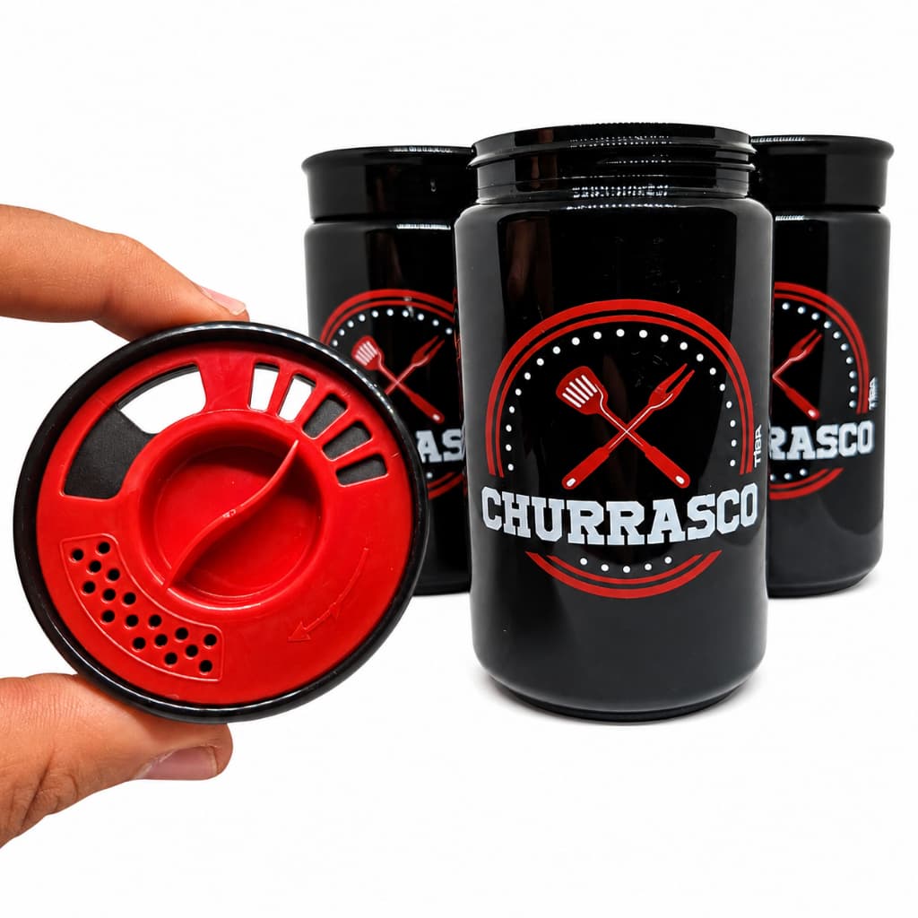 Porta Tempero Churrasco Tampa Giratória 3 Tipos de Vazão Saleiro Pimenteiro Condimentos Cozinha Gourmet