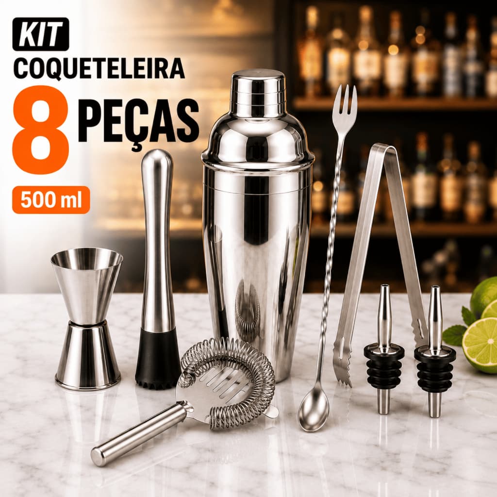 Kit 8 Peças Coqueteleira 550ml Inox Caipirinha Bartender Barman Bar Drink Coquetel Shaker Profissional