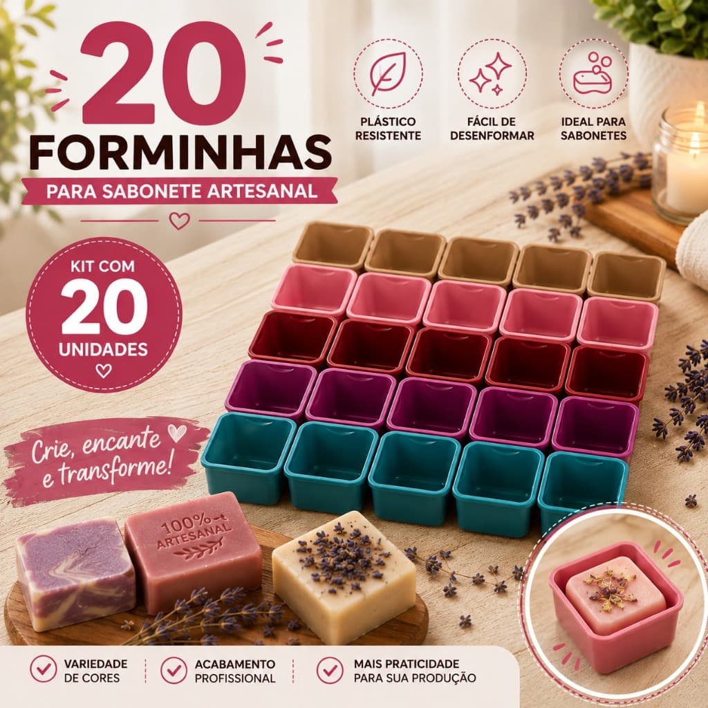 Kit 20 Formas Sabão e Sabonete Artesanal 250ml Plástico Reforçado Molde Barra Multiuso Com Tampa