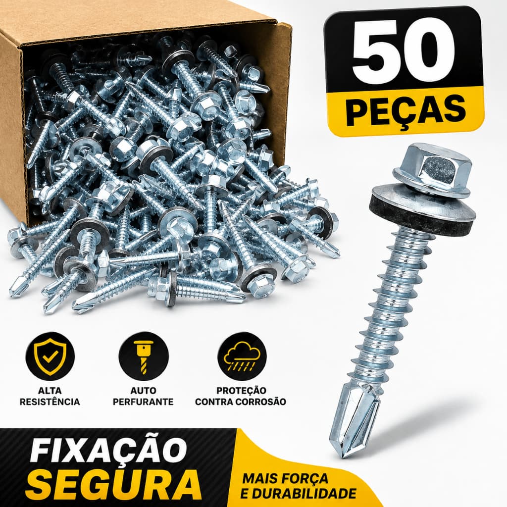 Parafuso Telheiro Auto Brocante 12x1.1/2 Sextavado Arruela Vedação 50 Peças Zincado