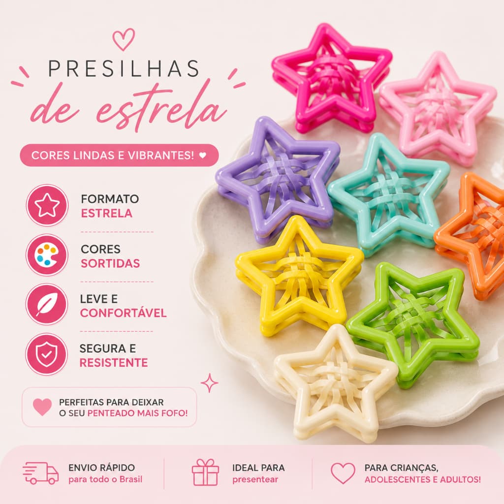 Presilha Tic Tac Estrela Colorida Kit Cores Sortidas para Cabelo