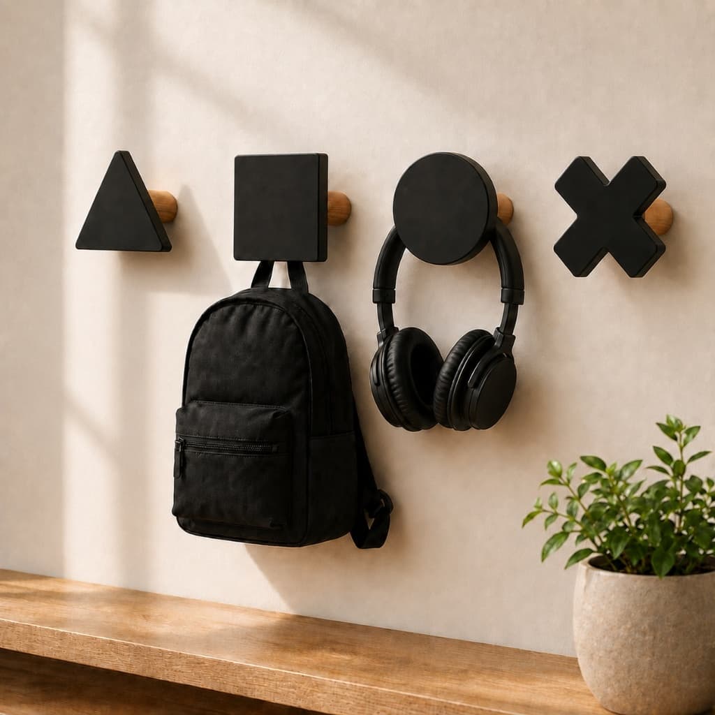 Kit 4 Ganchos de Parede Decorativos Geométrico MDF Preto Gamer Organizador Cabideiro Chave Boné Bolsa Fone