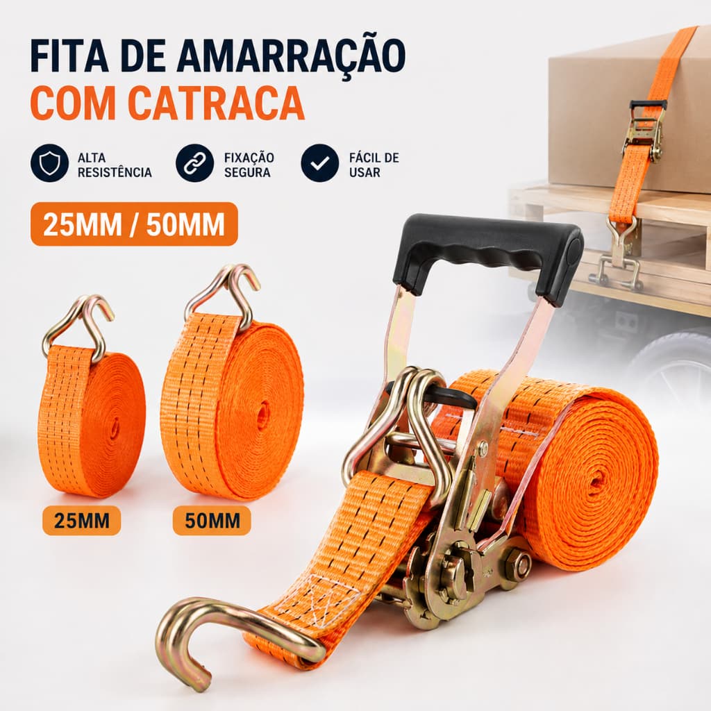 Cinta de Amarração com Catraca e Ganchos 25mm 4m / 50mm 9m para Fixação de Carga