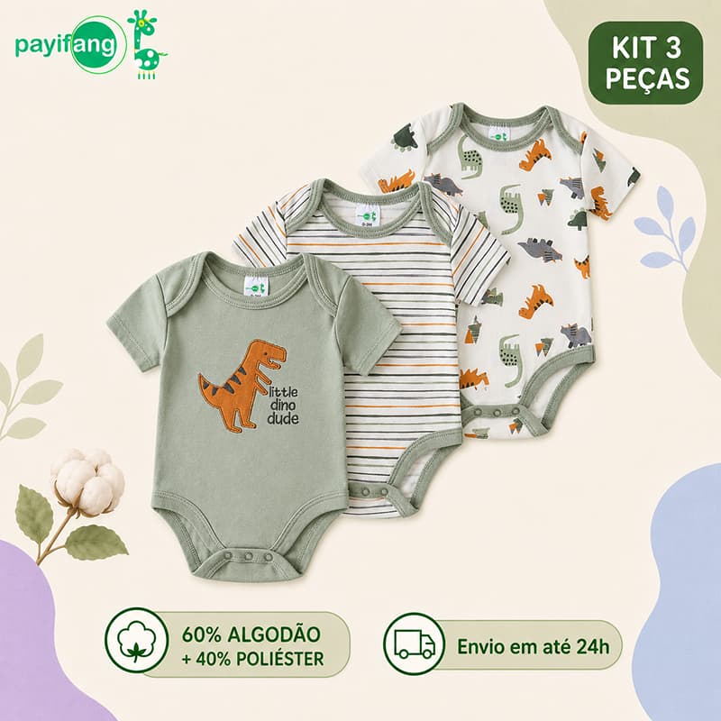 Payifang Kit 3 Bodies Bebê Menino Dinossauro Manga Curta 60% Algodão Verde 3M 6M 9M