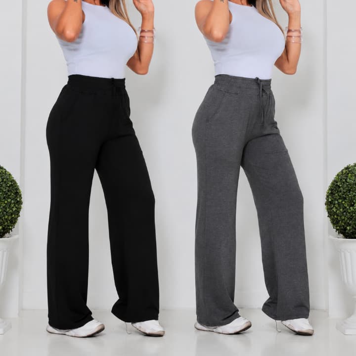 Kit 2 Calças Pantalona/Wide leg Feminina Viscolycra 220 Lunelli Zero Transparência Confortável