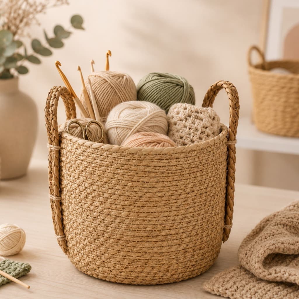 Cesto Organizador Fibra Natural Seagrass 26cm com Alça - Cesto Decorativo de Palha para Sala Quarto Roupa Brinquedos