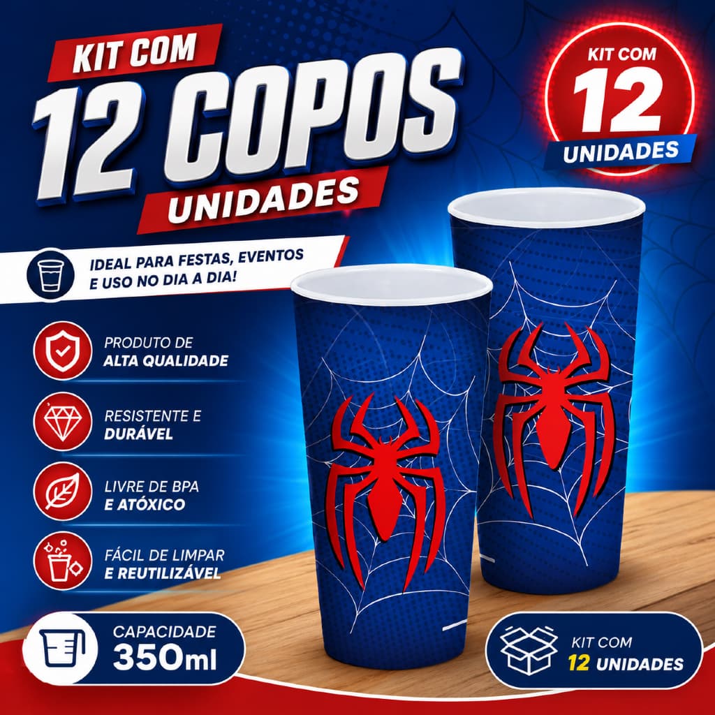 Kit 12 Copos Tema Aranha 350ml Aniversário Infantil
