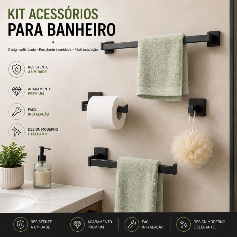Kit 4 Acessórios Banheiro Inox Preto/Dourado Brilhante Toalheiro 40/60 Cm