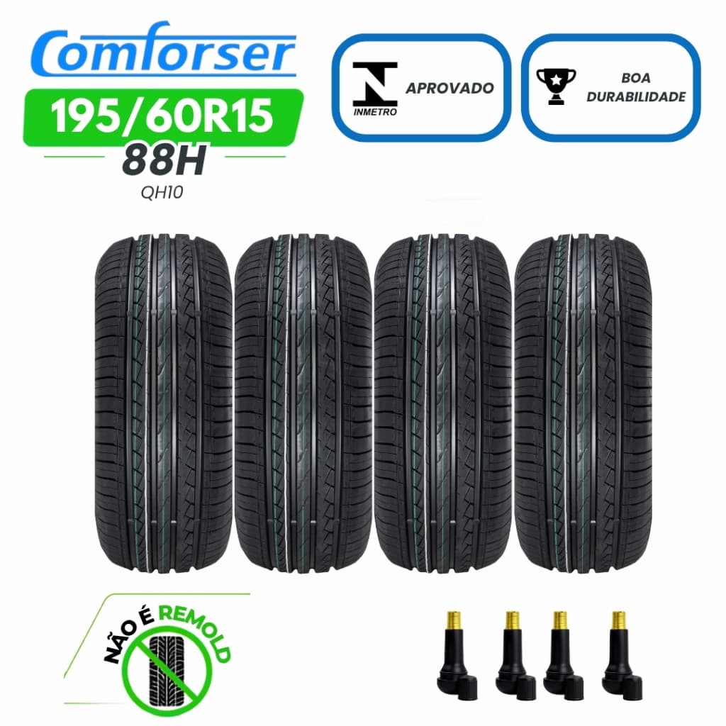 Kit 4 Pneus 195/60 R15 Alta Durabilidade 440 e Treadwear Comforser Novos e Original + Bicos de Ar