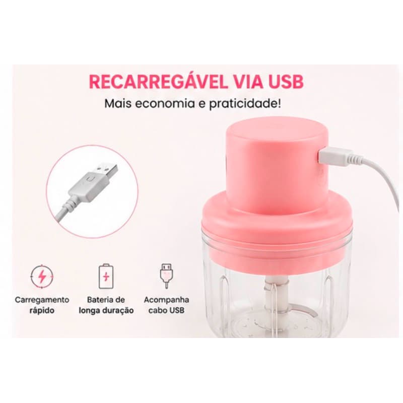 Mini Processador de Alho Elétrico USB Recarregável 250ml | Triturador de Alho, Cebola e Temperos