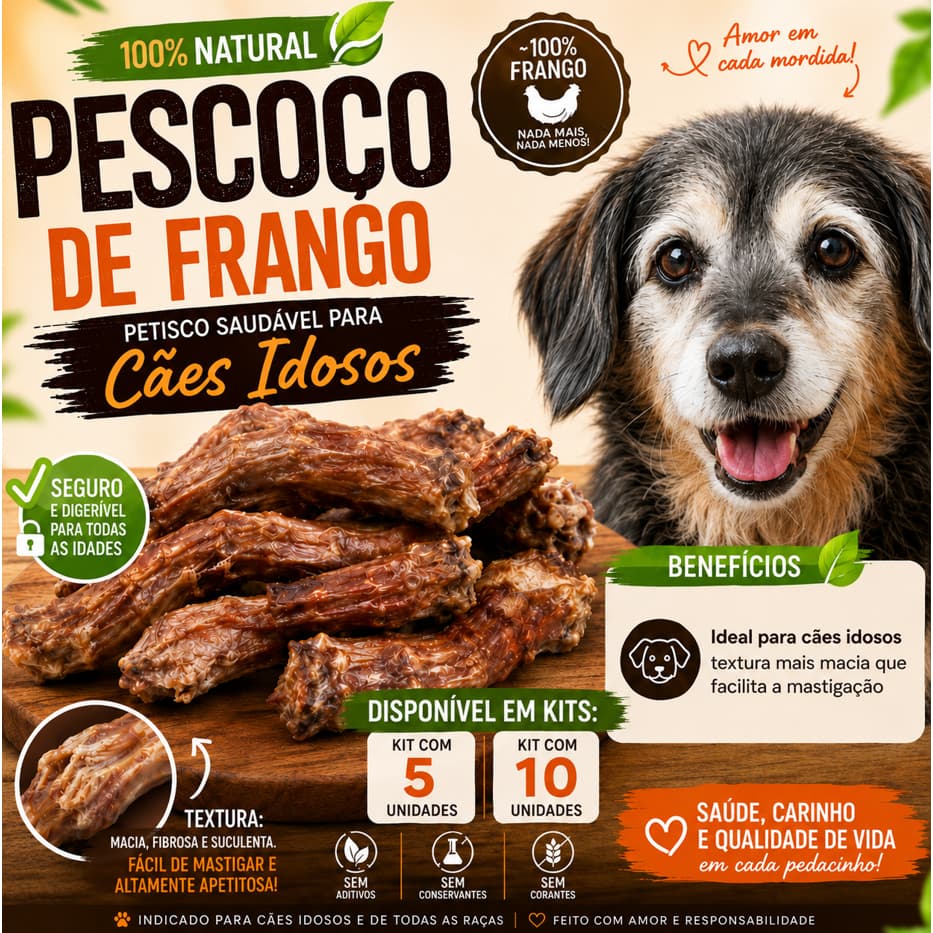 Pescoço de Frango Desidratado Petisco 100% Natural para Cães Idosos e Filhotes