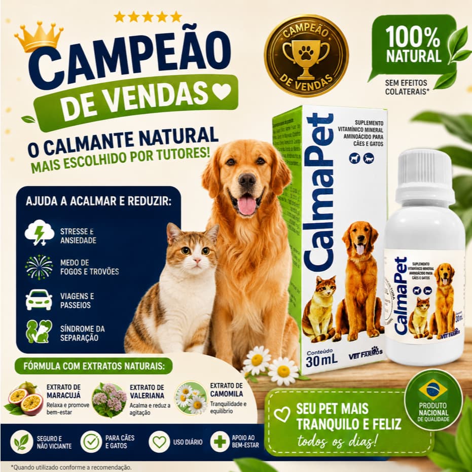CalmaPet 30ml para Cães e Gatos Calmante Natural para Viagem Fogos Banho e Tosa Bem Estar Pet