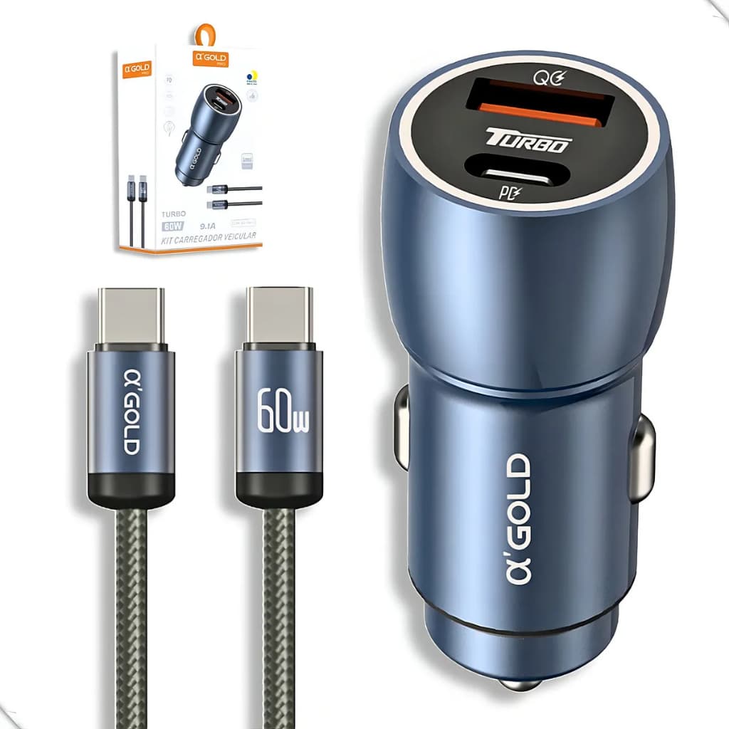 Carregador veicular 60w turbo porta dupla usb-c e cabo