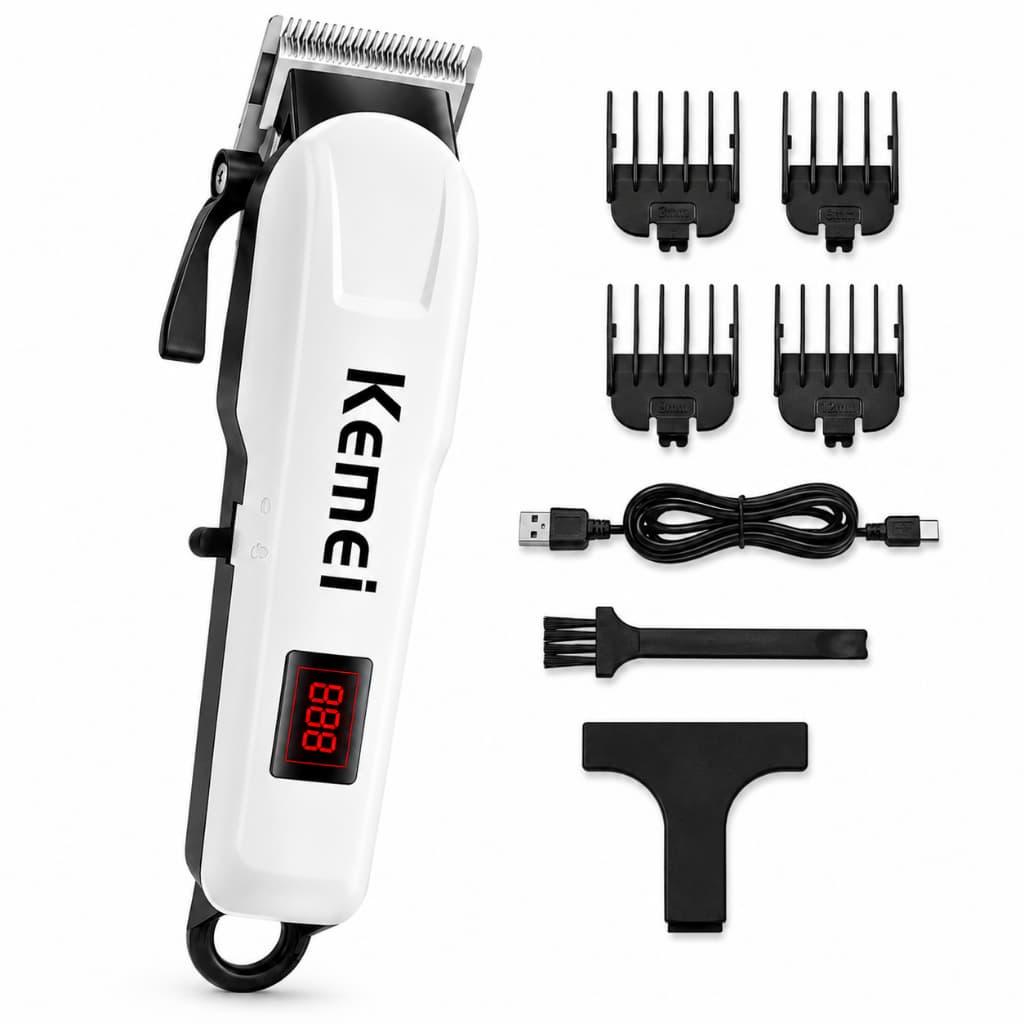 Máquina de Cortar Cabelo Kemei KM-809A - Cortador de Cabelo Branco Sem Fio com Alta Performance e Conforto