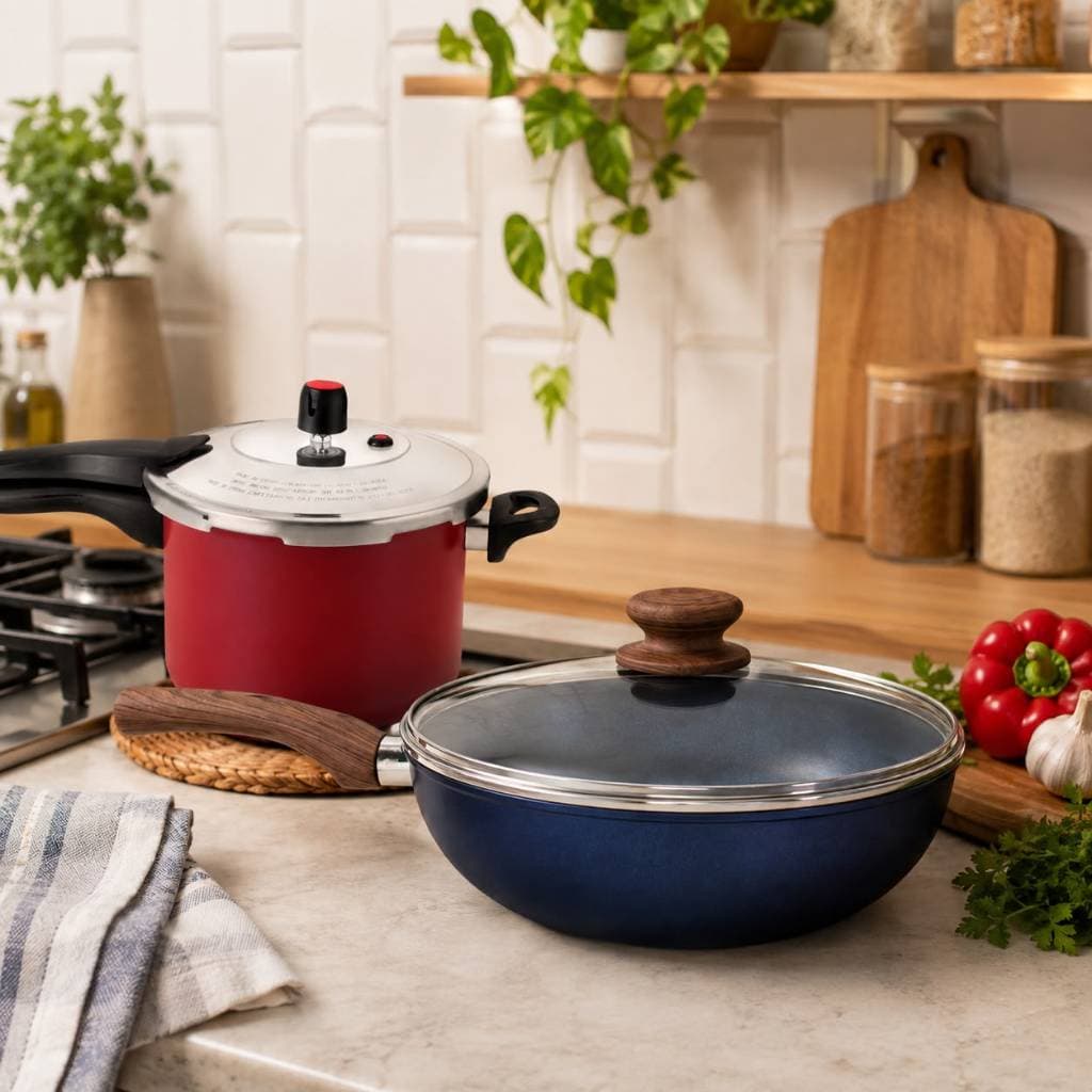 Kit Cozinha Premium Panela de Pressão Fechamento Externo 4,5L e Frigideira Wok 28cm Revestimento em Ceramica