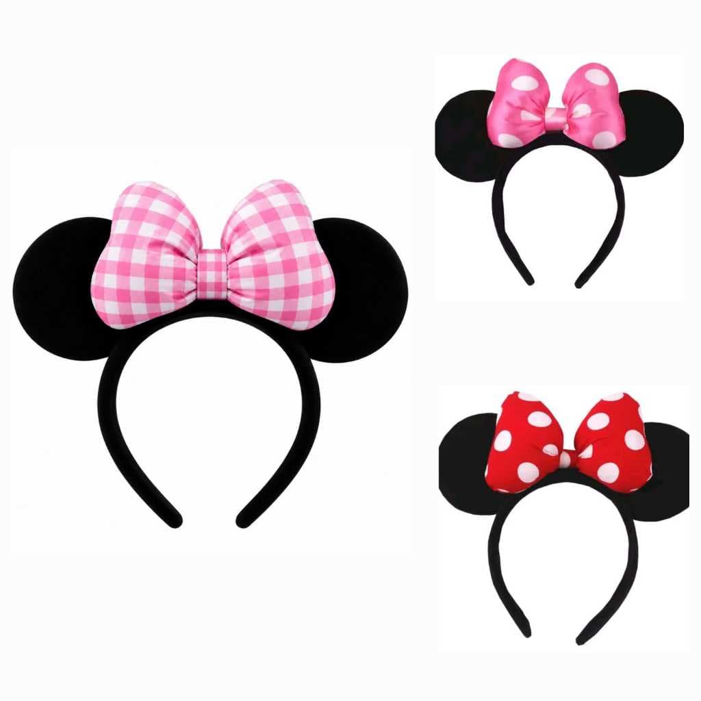 Tiara arco orelhas minnie laço xadrez poa rosa vermelho adulto infantil bebe