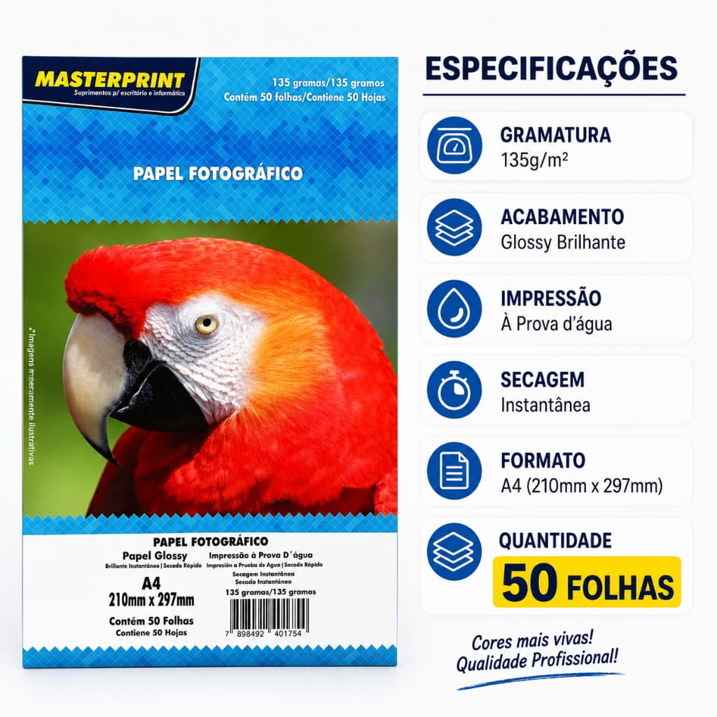 Papel Fotográfico A4 Glossy 135g 210x297mm 50 Folhas Masterprint Secagem Rápida Alta Resolução