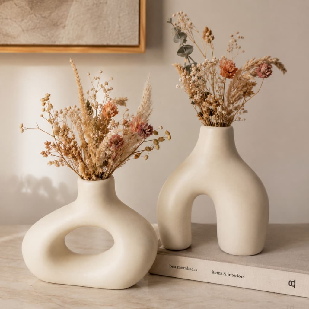 Dupla Vasos Decorativo Cerâmica Enfeite Sala Rack Mesa Moderno Decoração Organico Conjunto Nude Bege