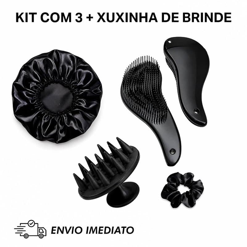 Kit 3 Escova Cabelo Massageador Silicone Touca Cetim e Xuxinha de Brinde