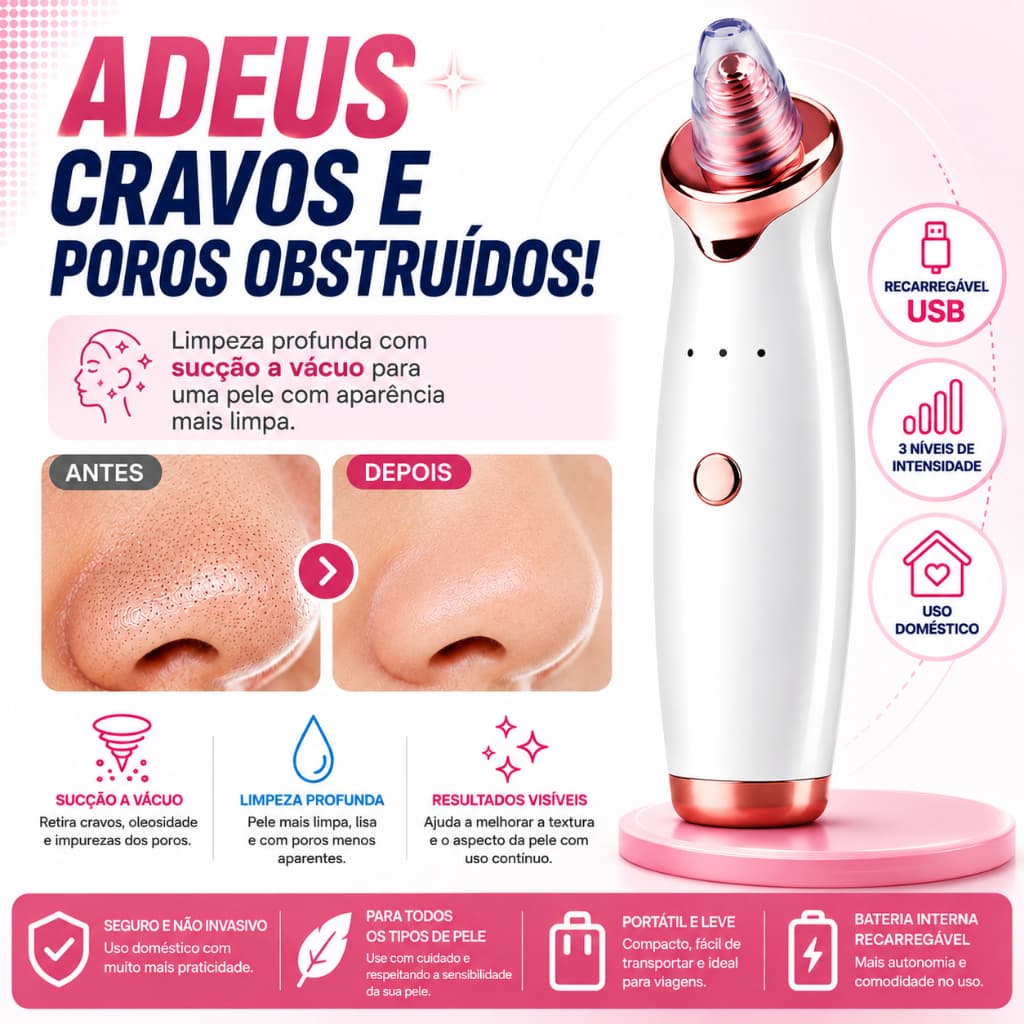 Aparelho Removedor de Cravos e Espinhas Recarregável USB Sucção Facial Limpeza Profunda dos Poros
