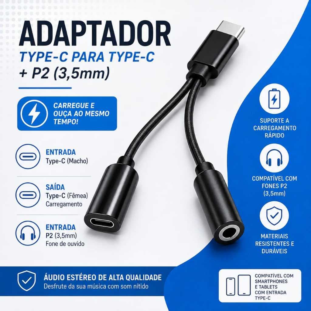Adaptador Tipo C P2 Conversor Macho Carregamento e Audio Fone de Ouvido para Carregamento