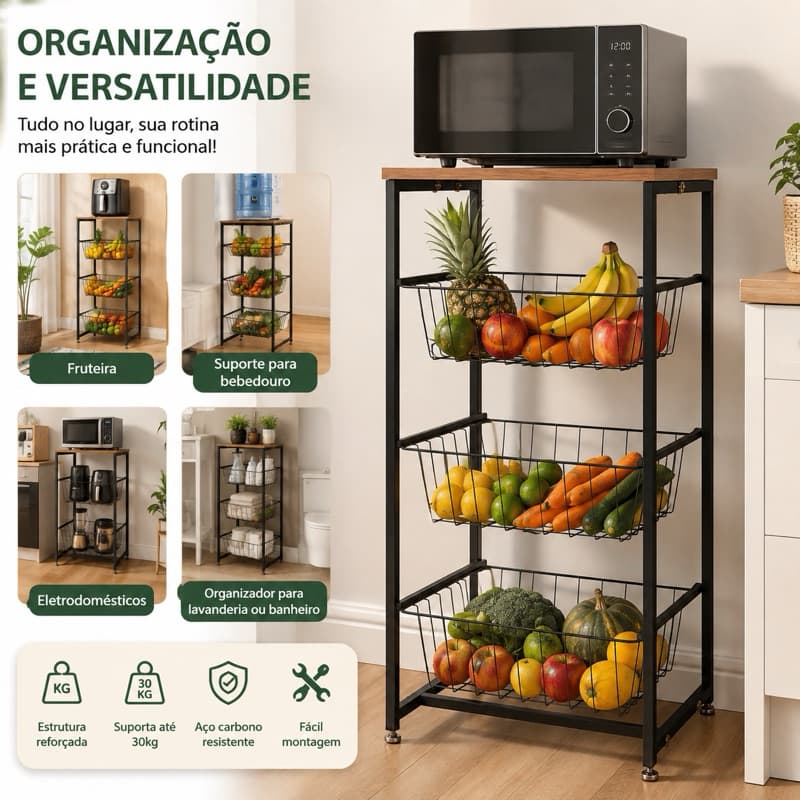 Fruteira Organizadora 3 Cestos Deslizantes Aço Carbono Multiuso 3. Fruteira de Cozinha 3 Andares com Prateleira