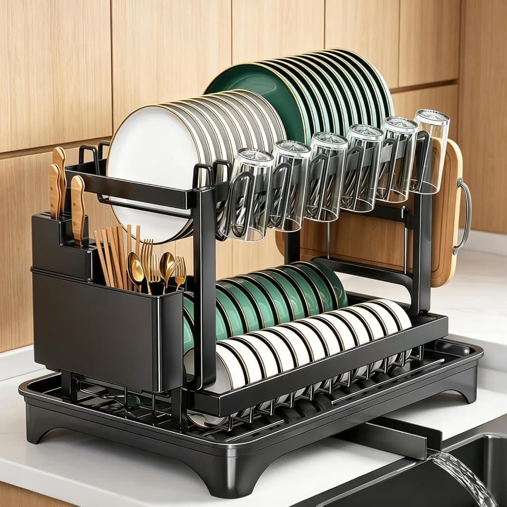 Escorredor de louça duplo, capacidade para 6 xícaras, com porta talheres. Resistente e estável,Organizador de cozinha.