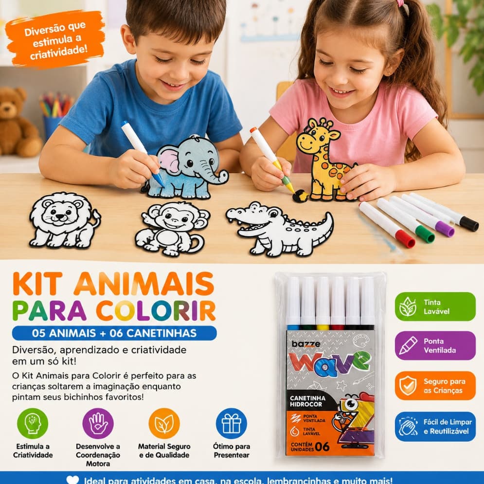Kit Colorir 3D Animais Criança 5 Peças + Canetinhas Laváveis Presente