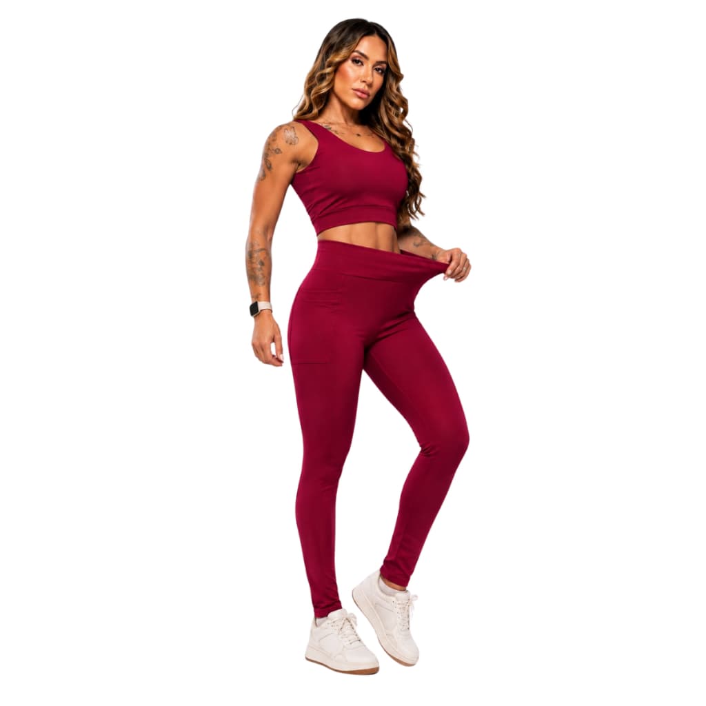 Conjunto Esportivo Top Supléx + Calça  Legging Com Bolso Cós Alto Resistente Fitness Corrida Feminino