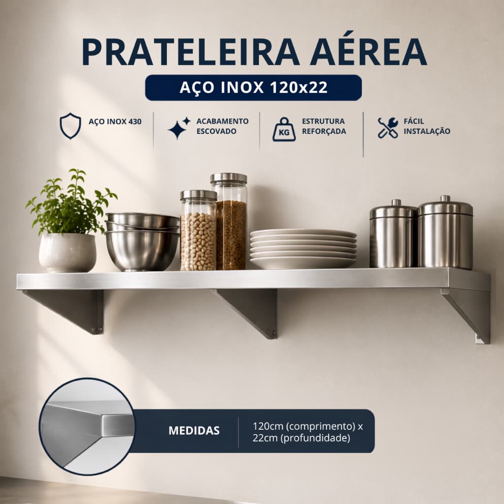 Prateleira Inox 120x22 cm – perfeita para utensílios de cozinha comercial