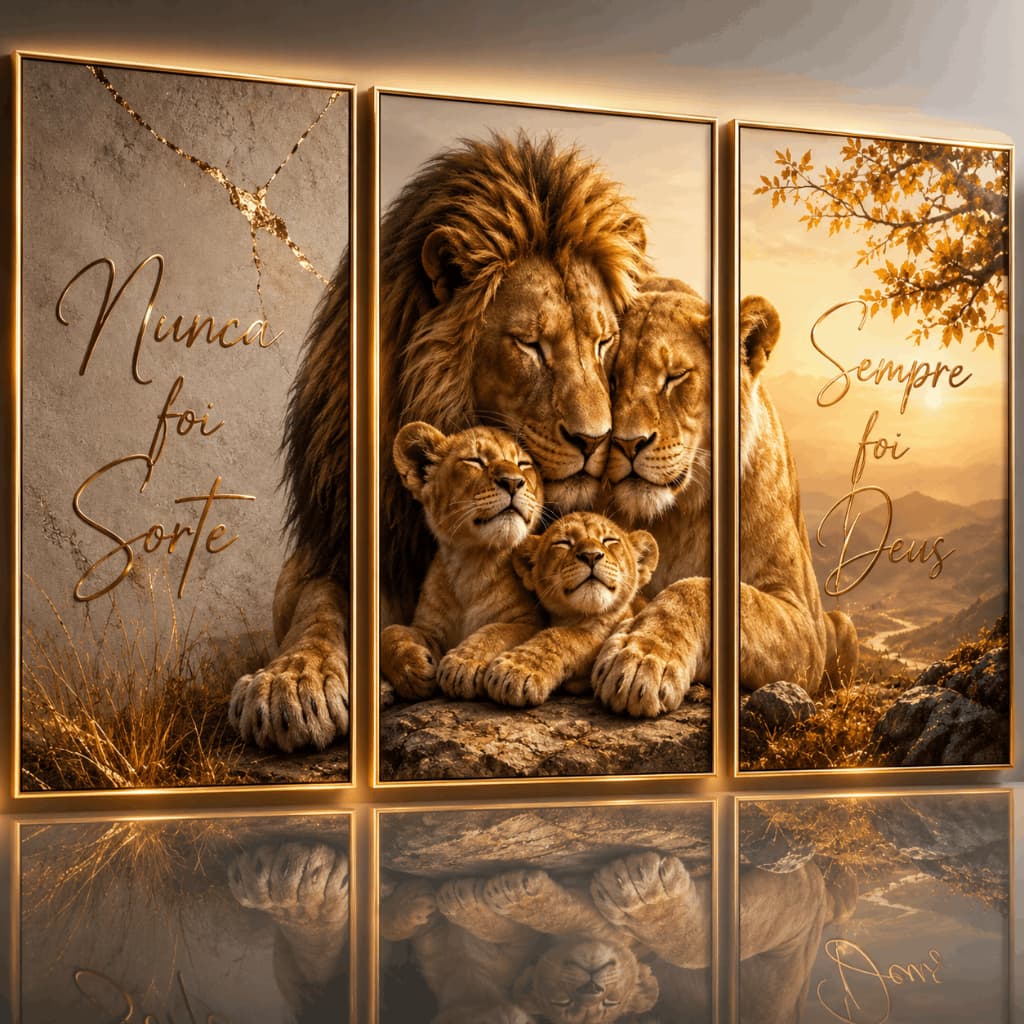 Kit 3 Quadros Decorativos Leão Família Nunca Foi Sorte Sempre Foi Deus Luxo Dourado Sala Quarto Escritório