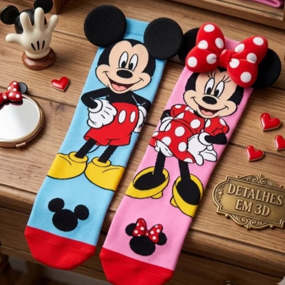 Meia Divertida Cano Alto Disney Mickey e Minnie Em 3D