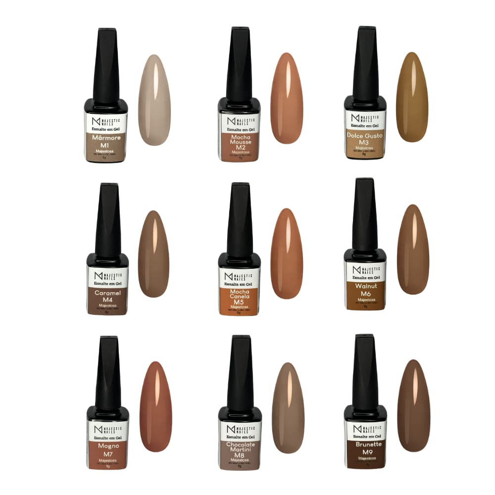 Kit Esmalte em gel LINHA M 9g (9 cores marrom) Alongamento Majestic Nails